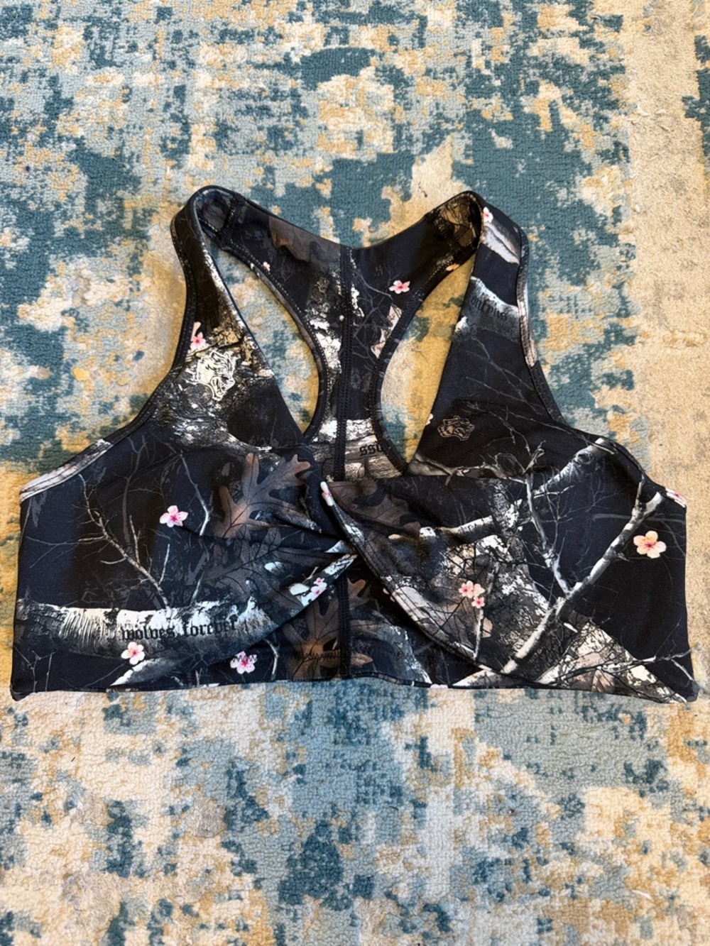 Black Floral Racerback Sports Bra with Pink Accents